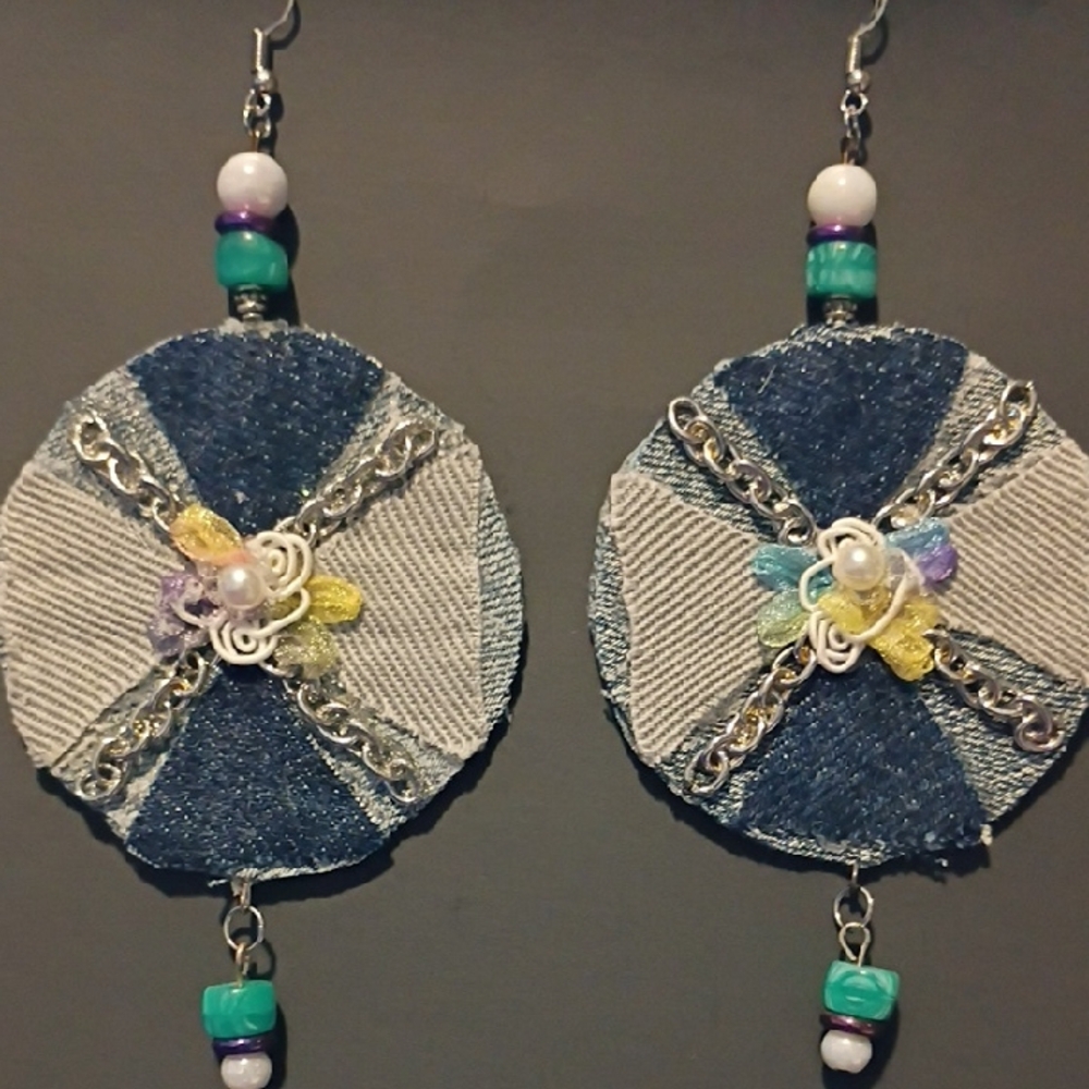 Handcrafted Denim and Bead Earrings